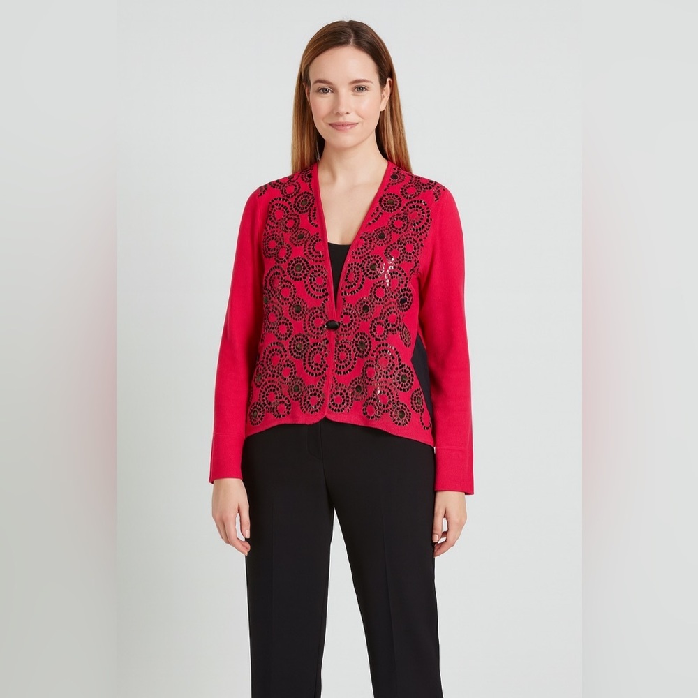 Jones of New York Collection 100% Merino Wool embroidered Cardigan NWT in Red